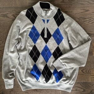 Men's Zip-Up Argyle Windproof Sweater in Gray with Blue and Black - Worn Once